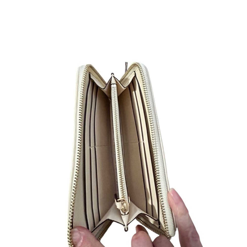 Tory Burch Cream Woven Leather Zip Around Wallet One Size - Picture 3 of 6